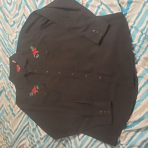 Plains button-up western collard shirt black with red roses size XL Men
